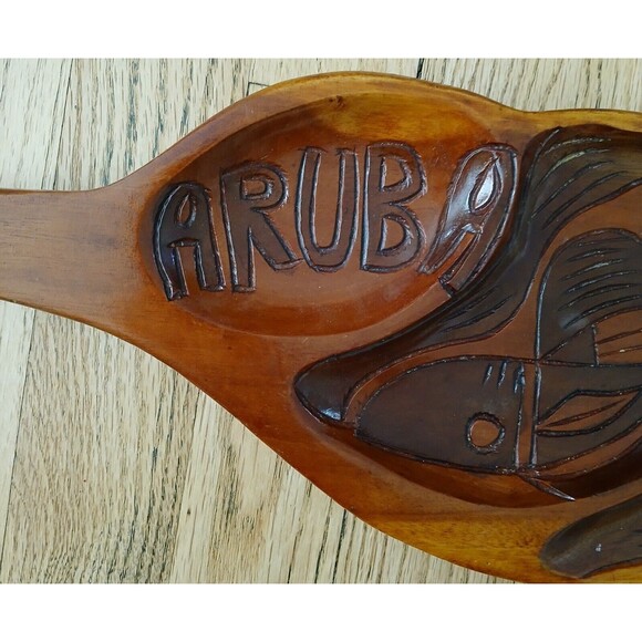 Carved Wooden Inlaid Flowers Aruba Leaf Shaped Dip Serving Tray Platter Dish - Picture 3 of 8
